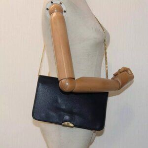 Christian Dior Chain Shoulder Bag Leather Navy Gold Auth